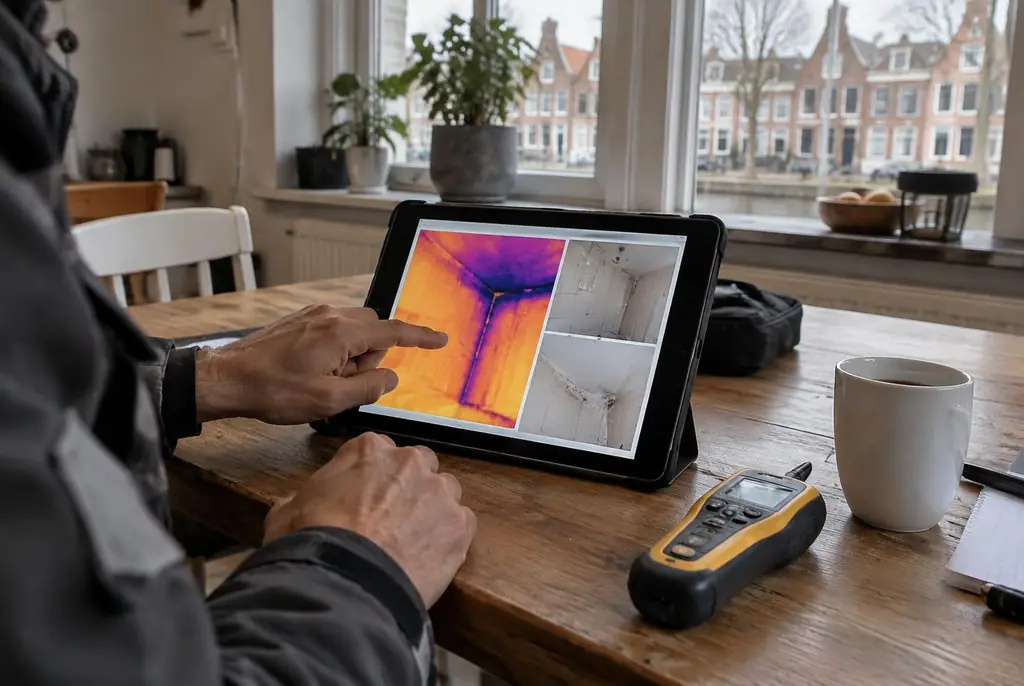 Lekdetectie Laren – lekdetectierapport met warmtebeelden en foto's op een tablet