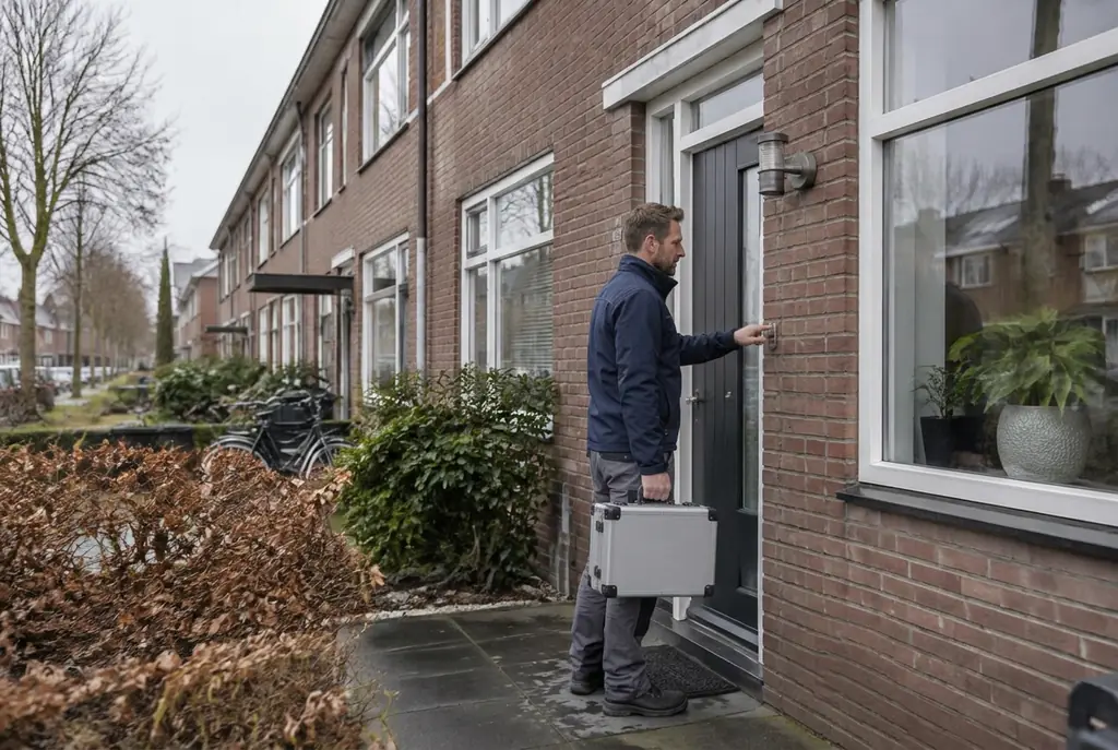 Lekdetectiespecialist met meetkoffer bij de voordeur van een woning in Laren